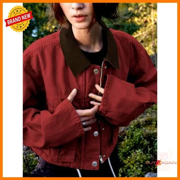 Cropped Utility Jacket Casual Button Front Cargo Pockets Oversized Chic Style - Picture 2 of 7